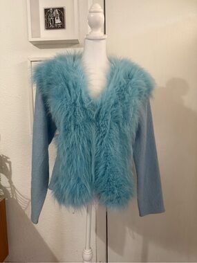 Lisa International Teal Blue Faux Fur Trim Wool Jacket